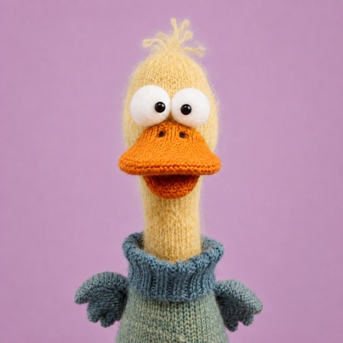 Porträt des Nachweis-Agenten: eine gestrickte Ente in Creme mit blaugrauem Strickpullover.